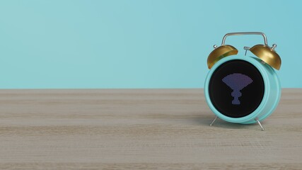 3d rendering of color alarm clock with symbol of Chinese fan on display on table