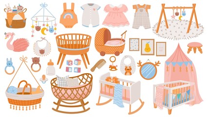 Newborn accessories. Nursery room interior elements, furniture and decor. Cradles, toys and baby dress and clothes in boho style vector set