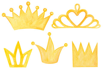 Watercolor yellow crowns set on white background. Cute hand drawn royal crowns © dreamloud