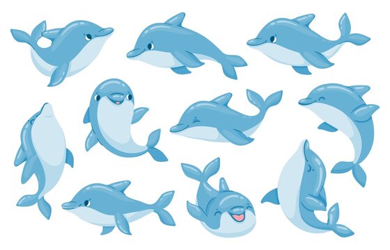Dolphin characters. Funny dolphins jump and swim poses. Oceanarium show mascot underwater animal. Cartoon bottlenose baby dolphin vector set
