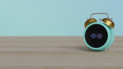3d rendering of color alarm clock with symbol of round glasses on display on table