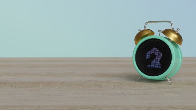 3d rendering of color alarm clock with symbol of robot arm on display on table