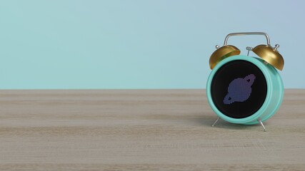 3d rendering of color alarm clock with symbol of Saturn on display on table