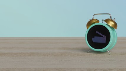 3d rendering of color alarm clock with symbol of scanner on display on table