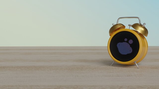 3d rendering of color alarm clock with symbol of Saturn planet on display on table