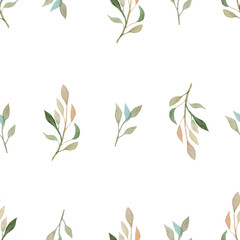 watercolor green branches and leaves seamless pattern on white background
