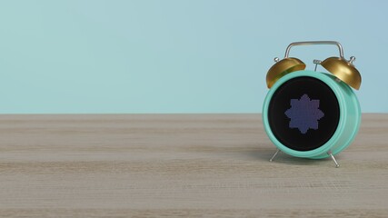 3d rendering of color alarm clock with symbol of sunflower on display on table