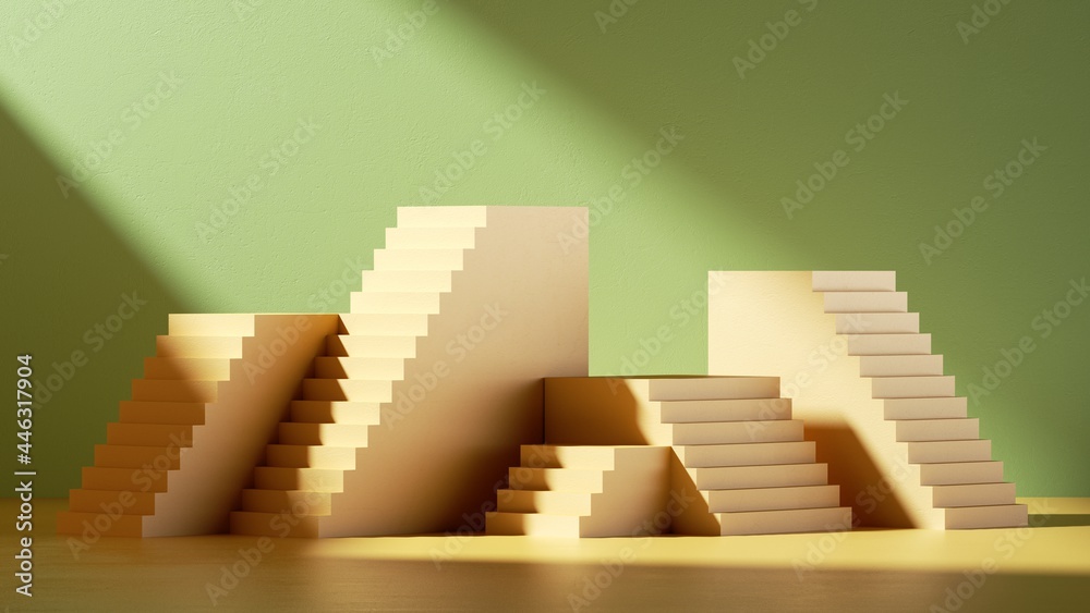Poster 3d render. abstract green background with many stairs and steps. simple showcase scene for product p