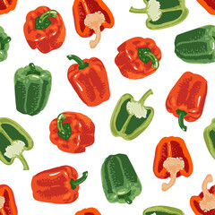 Vector seamless pattern with green and red peppers. Sweet and hot