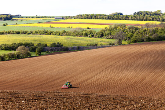 Fototapeta A tractor and seed drill sowing on Cotswold brash soil near the Cotswold village of Hampen, Gloucestershire UK