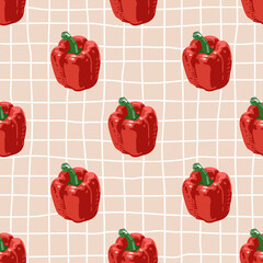 Vector seamless summer pattern with peppers on retro geometry background.