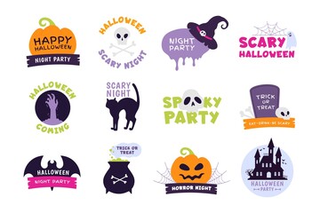 Halloween logo. Trick or treat labels and sticker for scary holiday with pumpkins, skulls and ghost. Happy Halloween party badge vector set