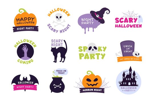 Halloween logo. Trick or treat labels and sticker for scary holiday with pumpkins, skulls and ghost. Happy Halloween party badge vector set