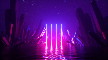 3d render, abstract neon background with glowing laser vertical lines, crystals under the starry night sky and reflection in the water. Futuristic terrain, fantasy landscape