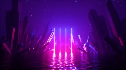 Foto auf Acrylglas Violett 3D-Rendering, abstrakter Neonhintergrund mit leuchtenden vertikalen Laserlinien, Kristallen unter dem Sternenhimmel und Reflexion im Wasser. Futuristisches Gelände, Fantasielandschaft