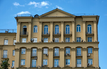 Moscow, Russia - 07.05.2021: Typical soviet empire style building in the center of Moscow