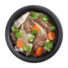 Beef and shallot stew isolated on white, top view