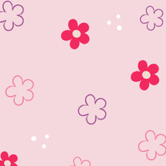 Colorful flowers and white dots on a light pink background. Vector illustration.