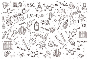 Hand drawn chemistry science background. Vector illustration.