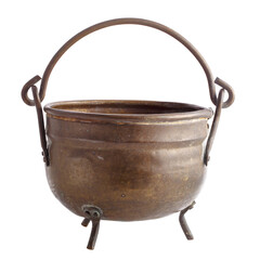 Vintage copper cooking pot with legs and handle isolated on white