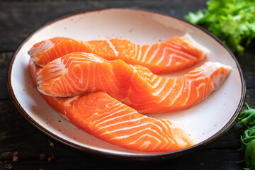 salmon raw seafood food organic product meal snack copy space food background rustic. top view keto or paleo diet veggie vegan or vegetarian food pescetarian diet