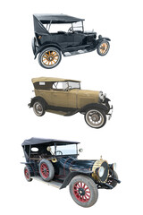 Saint Petersburg, Russia - April 9, 2021 - different types of vintage executive cars isolated on white background. Participants of the exhibition of retro cars