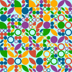 Patrón geométrico abstracto de círculos, cuartos y pétalos en colores alegres