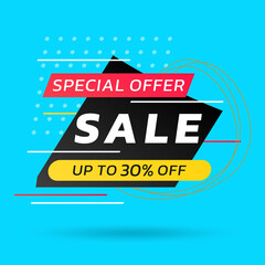 Sale banner or poster template with abstract shapes. Modern discount card design template for promotion and social media advertising. Special offer coupon with 30 percent price off layout. Vector.