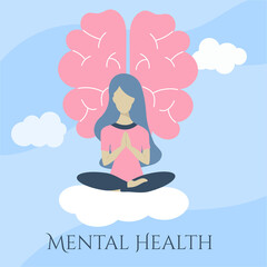 Obraz na płótnie Canvas A young woman is sitting on a cloud in a yoga pose. The concept of mental health of the brain. Blue sky background. Vector illustration