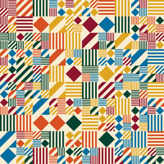 Patrón geométrico colorido de cuadrados y rayas diagonales