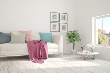 White living room with sofa. Scandinavian interior design. 3D illustration