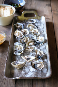 A Platter Of Miyagi Oysters Served In Steveston, British Columbia.