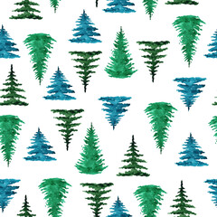 Obraz premium watercolor green pine trees seamless pattern on white background.