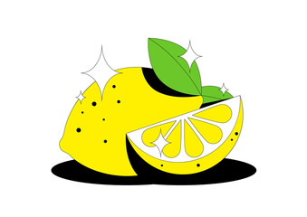 Lemon fruit. Сut slice and leaves of citrus lemon fruit isolated on white background. For packaging design, advertising, cover, print. Vector illustration.