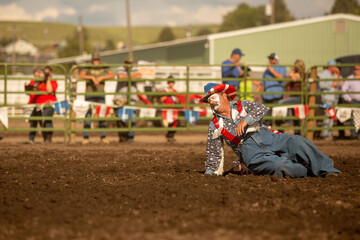 Rodeo clown performing  act at a western rodeo