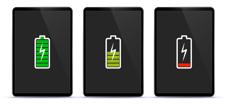 Tablet Computer Screen With Full, Mid and Low Battery Charge Indicator Icons. Realistic Tablet PC Vector Mockup Illustration.