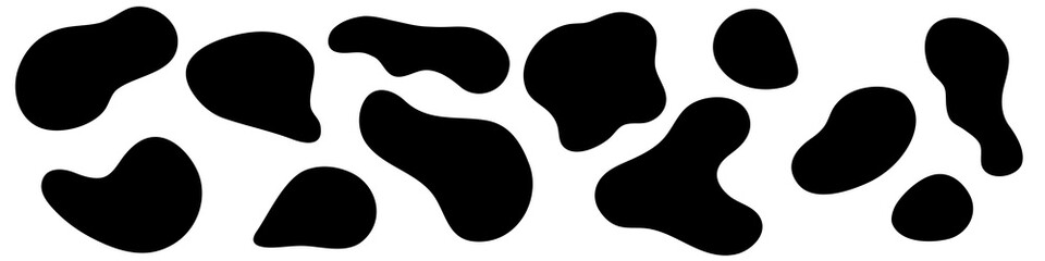 Amorphous blob shapes. Black amoeba asymmetric shapes, abstract liquid form,  smooth geometric elements isolated on white backgtound. Flat style design. Vector illustration - obrazy, fototapety, plakaty