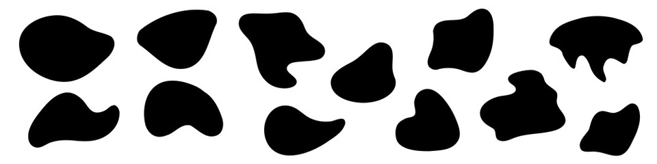 Amorphous blob shapes. Black amoeba asymmetric shapes, abstract liquid form,  smooth geometric elements isolated on white backgtound. Flat style design. Vector illustration