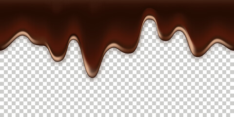 Chocolate melted drip wave. Liquid flowing chocolate. Dark brown smooth creamy texture, splash dripping. Seamless patern on transparent background. Vector illustration