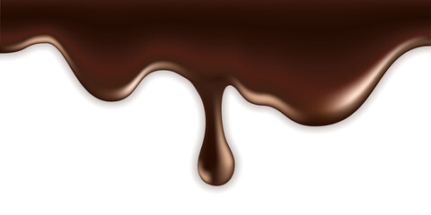 Melted milk chocolate drip wave. Flowing hot liquid chocolate with splash drop, smooth creamy texture, sweet dessert. Isolated on white background. Vector illustration