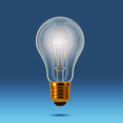 Glowing light bulb on a blue background. Idea and inspiration concept. 3d render.