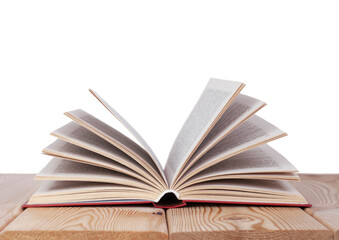 isolated open book on the wood table on the white background with copy space	