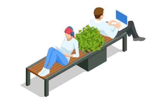 Isometric eco modern street bench vector for web design isolated on white. A modern bench with a flower bed in a city park. City improvement, urban planning, public spaces.