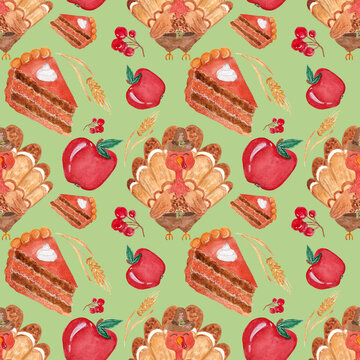 Seamless autumn watercolor pattern for Thanksgiving. Apple, pumpkin pie and a spike of wheat, turkey pilgrim, on a green background.
