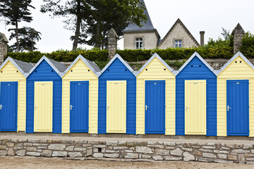 Beach huts at Le Lerio, Ile aux Moines, Gulf of Morbihan, Brittany, France