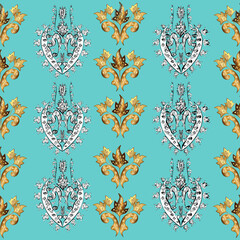 Seamless pattern with interesting doodles on colorfil background. Raster illustration.