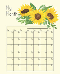 Calendar grid with sunflowers floral ornament watercolor illustration, blank printable template, undated monthly planner page to be used as home or office planner