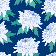 Seamless decorative pattern with light blue chrysanthemum. Crown daisy repeated background. Vector 