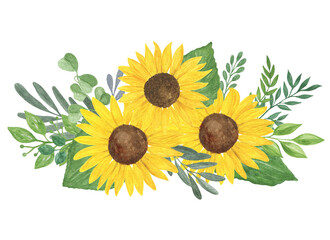 Floral composition, sunflower, leaves watercolor illustration, field agricultural plant summer bouquet, flower, branches, for greeting card, boho decor, wedding invitation template, holiday design