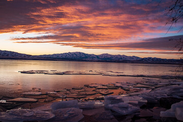 Sunset over Frozen Utah Lake